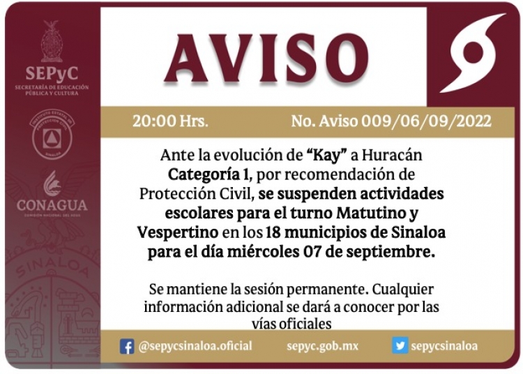 Tercer d&iacute;a consecutivo sin clases en Sinaloa por hurac&aacute;n "Kay", el cual ya es categor&iacute;a 2 esta ma&ntilde;ana