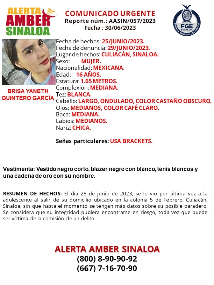 Joven Brisa Yaneth Quintero Garc&iacute;a de 16 a&ntilde;os se encuentra desaparecida