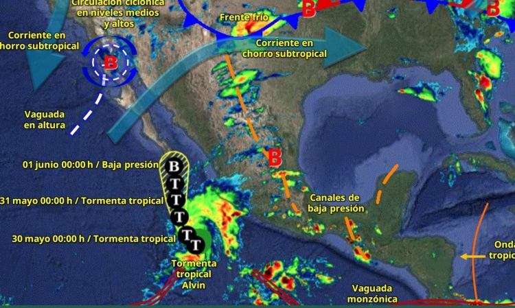 La tormenta tropical Alvin provocar&aacute; lluvias puntuales fuertes en Jalisco, Colima y Michoac&aacute;n, est&aacute; madrugada