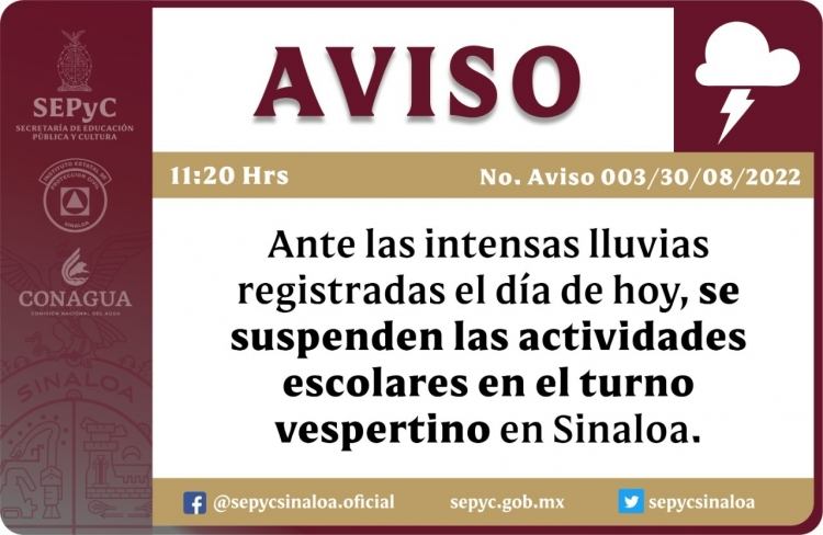 Suspenden las clases en turno vespertino por las lluvias, en Sinaloa