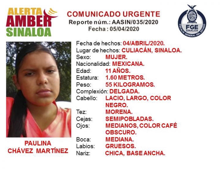 La Fiscalía General del Estado de Sinaloa solicita la colaboración ciudadana para localizar a Paulina