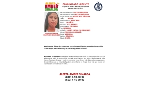 Activan Alerta Amber para la localizaci&oacute;n de Diana Esperanza que desapareci&oacute; en Navolato
