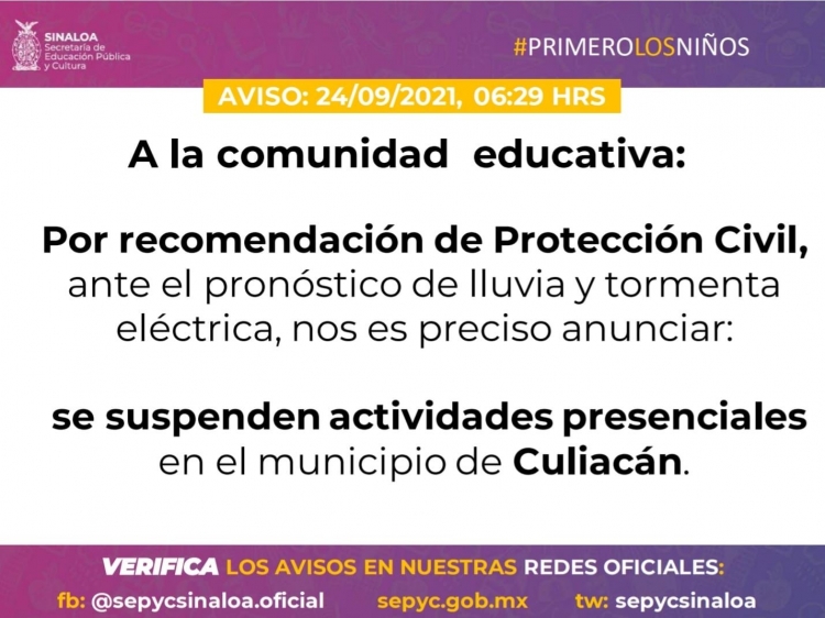 SEPYC suspende clases en Culiacán por lluvia