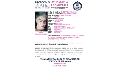 Activan Protocolo Alba para la localizaci&oacute;n de Mar&iacute;a Pacheco Barrios que fue vista por &uacute;ltima vez en el fraccionamiento El Parque, en Los Mochis