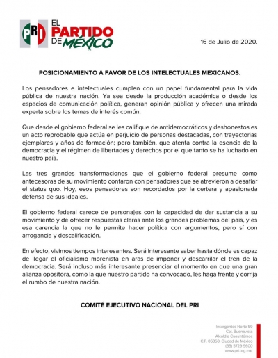 Reprobable, que el gobierno califique a intelectuales de antidemocr&aacute;ticos y deshonestos: PRI