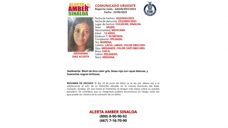 Activan Alerta Amber par la localizaci&oacute;n de Geovanna D&iacute;az Acosta de 13 a&ntilde;os de edad, fue vista por &uacute;ltima vez en la colonia Hacienda del Valle en Culiac&aacute;n