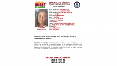 Activan Alerta Amber par la localizaci&oacute;n de Geovanna D&iacute;az Acosta de 13 a&ntilde;os de edad, fue vista por &uacute;ltima vez en la colonia Hacienda del Valle en Culiac&aacute;n