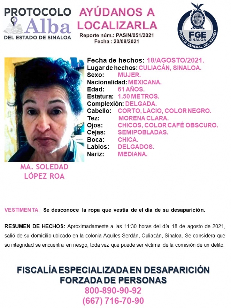 Activan Protocolo Alba por desaparición de una mujer de 61 años en Culiacán