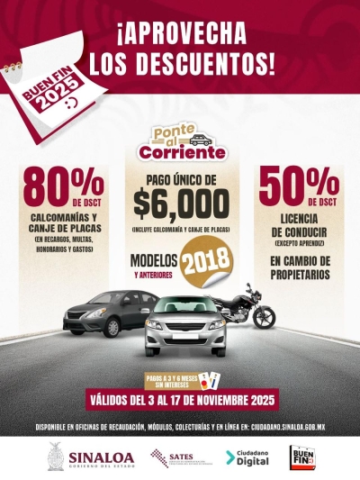 Llega "El Buen Fin" del Gobierno de Sinaloa; el Estado ofrecer&aacute; descuentos en tr&aacute;mites vehiculares