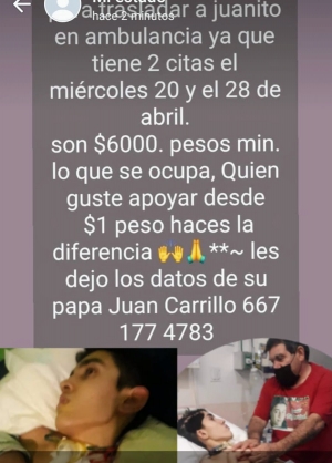 Pap&aacute; de Juanito requiere de 6 mil pesos para llevar a su hijo al hospital