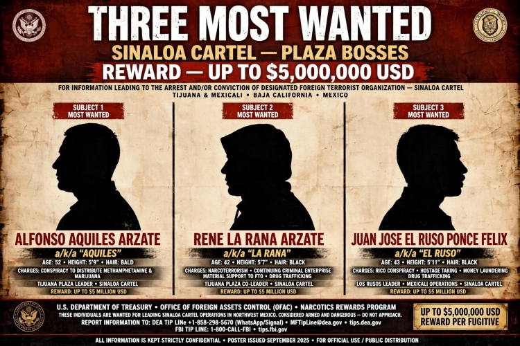 EEUU ratifica recompensa de 5 MDD por jefes de plaza del C&aacute;rtel de Sinaloa en Tijuana y Mexicali