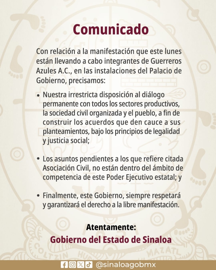 Gobierno de Sinaloa se deslinda: demandas de Guerreros Azules no son de nuestra competencia