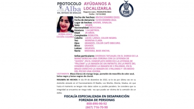 Se activa el Protocolo Alba para la localizaci&oacute;n de Norma Anah&iacute; Cece&ntilde;a C&aacute;zarez de 25 a&ntilde;os de edad que desapareci&oacute; en Los Mochis