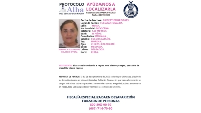 Activan Protocolo Alba para la localizaci&oacute;n de Ver&oacute;nica Guadalupe de 36 a&ntilde;os de edad, que despareci&oacute; en Culiac&aacute;n