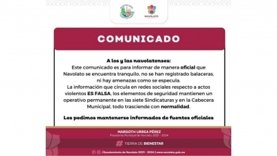 Falsa información en redes sociales sobre violencia en Navolato: Ayuntamiento