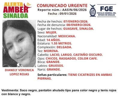 Fiscal&iacute;a Sinaloa pide ayuda a la ciudadan&iacute;a para encontrar a Dianely, de 14 a&ntilde;os, desaparecida en Guasave