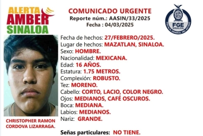Desaparece el joven Christopher Ram&oacute;n al salir de su casa en Mazatl&aacute;n, Sinaloa