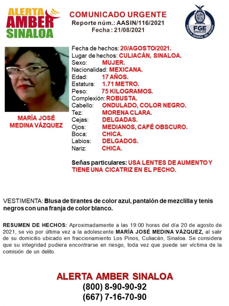 La FGE activ&oacute; la Alerta Amber por desaparici&oacute;n de una menor de 17 a&ntilde;os en Culiac&aacute;n