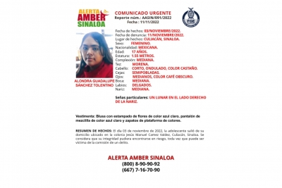 Se activo Alerta Amber para la localizaci&oacute;n de Alondra Guadalupe S&aacute;nchez Tolentino de 17 a&ntilde;os de edad