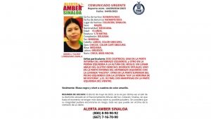 Activan Alerta Amber para la localizaci&oacute;n de Grisell Yuleny Lorenzano Zavala de 16 a&ntilde;os que desapareci&oacute; en Culiac&aacute;n