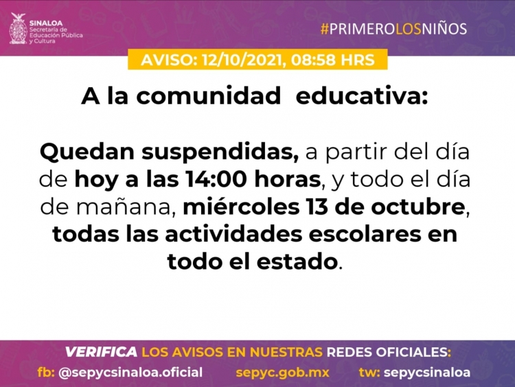 Suspenden toda actividad escolar por hurac&aacute;n &ldquo;Pamela&rdquo; hoy y ma&ntilde;ana