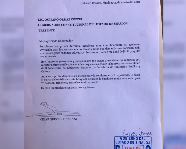 Renuncia C&eacute;sar Quevedo a su cargo en SEPyC; va por la alcald&iacute;a de Navolato