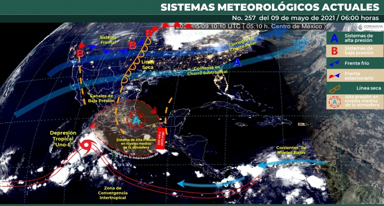 La depresión tropical Uno-E se localiza frente a las costas del Pacífico