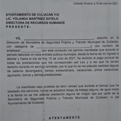 Bajo protesta polic&iacute;as municipales firmaron la carta del Ayuntamiento de Culiac&aacute;n, asegur&oacute; la abogada