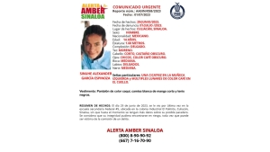 Activan Alerta Amber para la localizaci&oacute;n de Sinuhe Alexander de 14 a&ntilde;os de edad, fue visto por &uacute;ltima vez en la escuela secundaria Federal No 5, en la colonia El Palmito