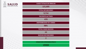Sinaloa report&oacute; 44 contagios, y 2 muertes por COVID-19