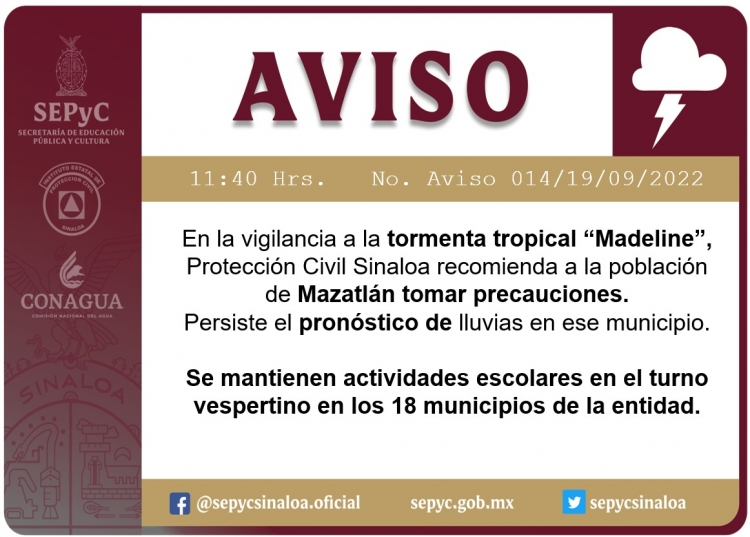 &quot;Madeline&quot; se acerca: SEPyC alerta por lluvias en Sinaloa, sin embargo reitera que se mantienen las clases en los 18 municipios