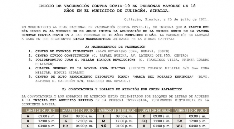 &iexcl;Este lunes inicia la vacunaci&oacute;n de j&oacute;venes de 18 a 29 a&ntilde;os en Sinaloa!