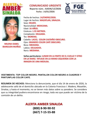 Desaparece en Mazatl&aacute;n la menor de edad Milena Isabel; FGE solicita ayuda para encontrarla