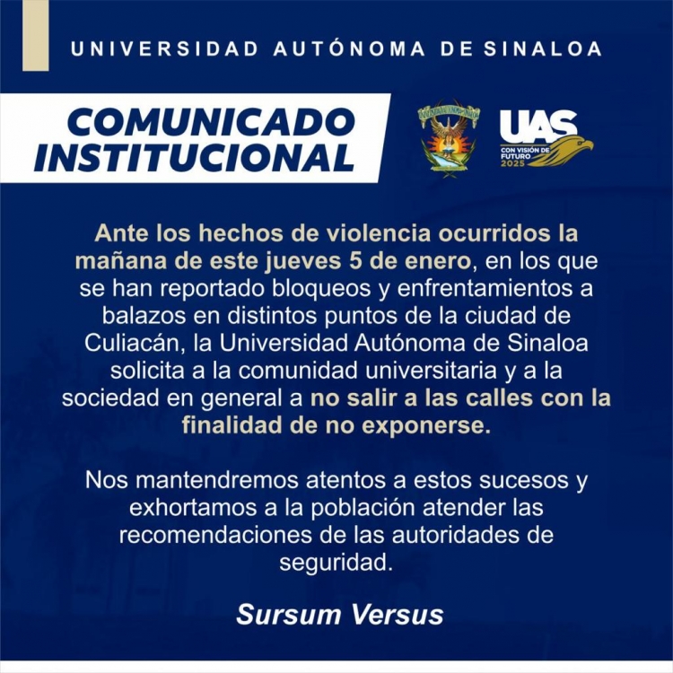 Suspenden UAS y SEPyC clases en todos los niveles educativos debido a disturbios en Culiacán