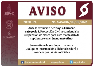 La SEPyC recomend&oacute; suspensi&oacute;n de clases ante la intensificaci&oacute;n del Hurac&aacute;n "Kay" a categor&iacute;a "1"
