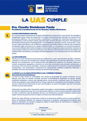 Atenta solicitud de la UAS a la Presidenta de la Rep&uacute;blica, Dra. Claudia Sheinbaum Pardo