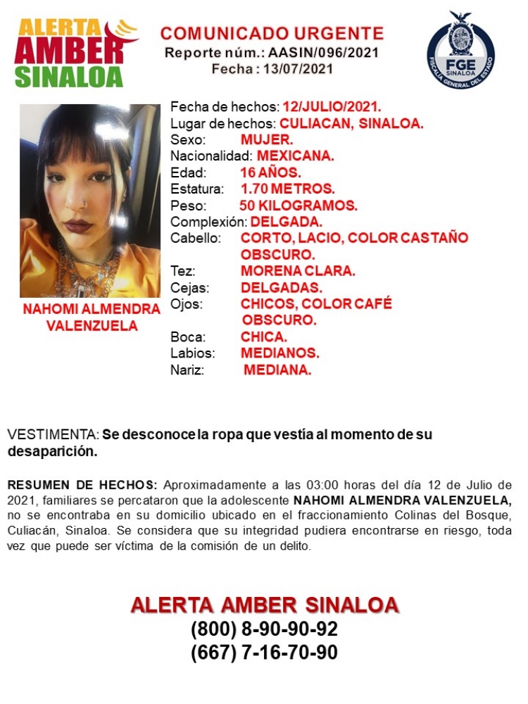 Alerta Amber por desaparición de Nahomi Almendra de 16 años de edad en Culiacán