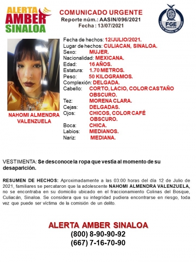 Alerta Amber por desaparici&oacute;n de Nahomi Almendra de 16 a&ntilde;os de edad en Culiac&aacute;n
