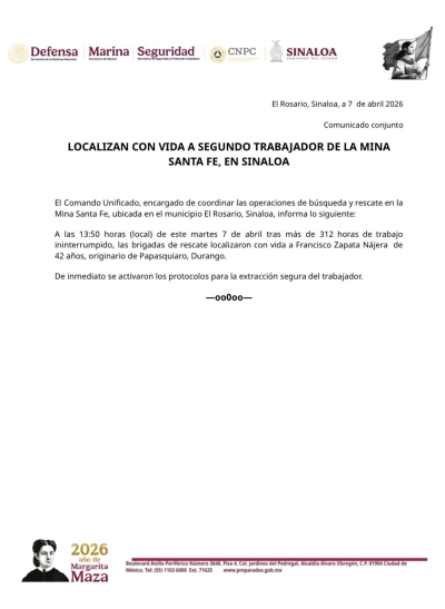 Localizan con vida a segundo trabajador de la mina Santa Fe de El Rosario, Sinaloa