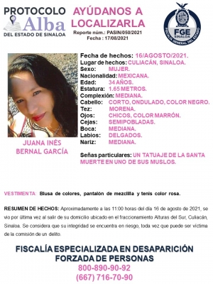 La FGE activ&oacute; el Protocolo Alba por desaparici&oacute;n de Juana In&eacute;s Bernal Garc&iacute;a de 34 a&ntilde;os de edad