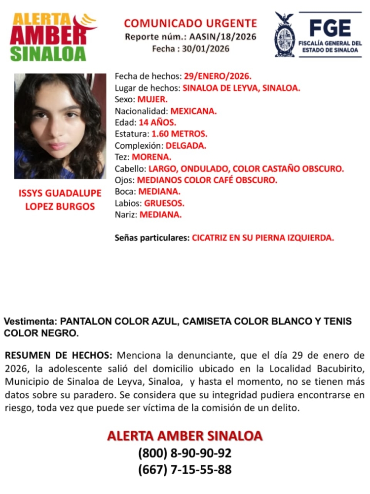 Desaparece Issys Guadalupe en Sinaloa de Leyva; tiene 14 a&ntilde;os y fue vista por &uacute;ltima vez en Bacubirito