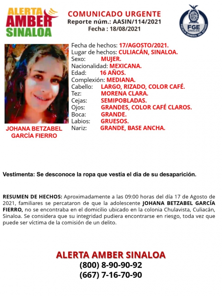 La FGE activó la Alerta Amber por desaparición de menor en Culiacán