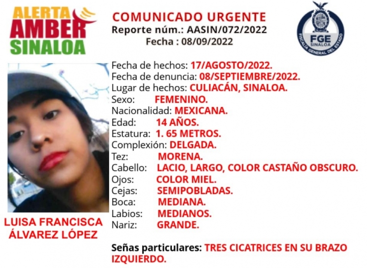 La Fiscalía General del Estado de Sinaloa solicita la colaboración ciudadana para localizar a Luisa Francisca Álvarez López