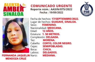 Activan Alerta Amber por desaparici&oacute;n de Fernanda Jaquel&iacute;n de 12 a&ntilde;os de edad, en Guasave