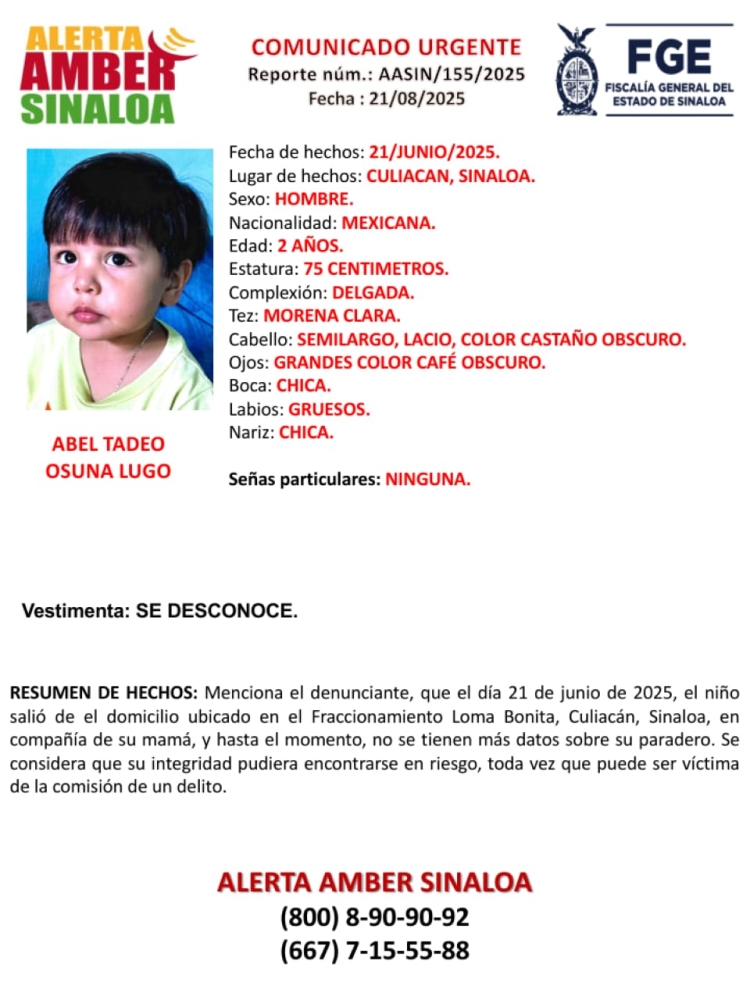 FGE solicita ayuda para encontrar a Abel Tadeo, de 2 a&ntilde;os de edad, desaparecido en Loma Bonita, en Culiac&aacute;n