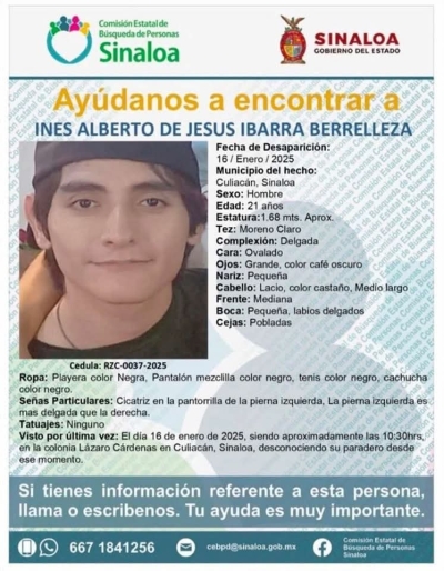 Ayuda a encontrarlo: In&eacute;s Alberto de Jes&uacute;s Ibarra Berrelleza, de 21 a&ntilde;os de edad, de Culiac&aacute;n
