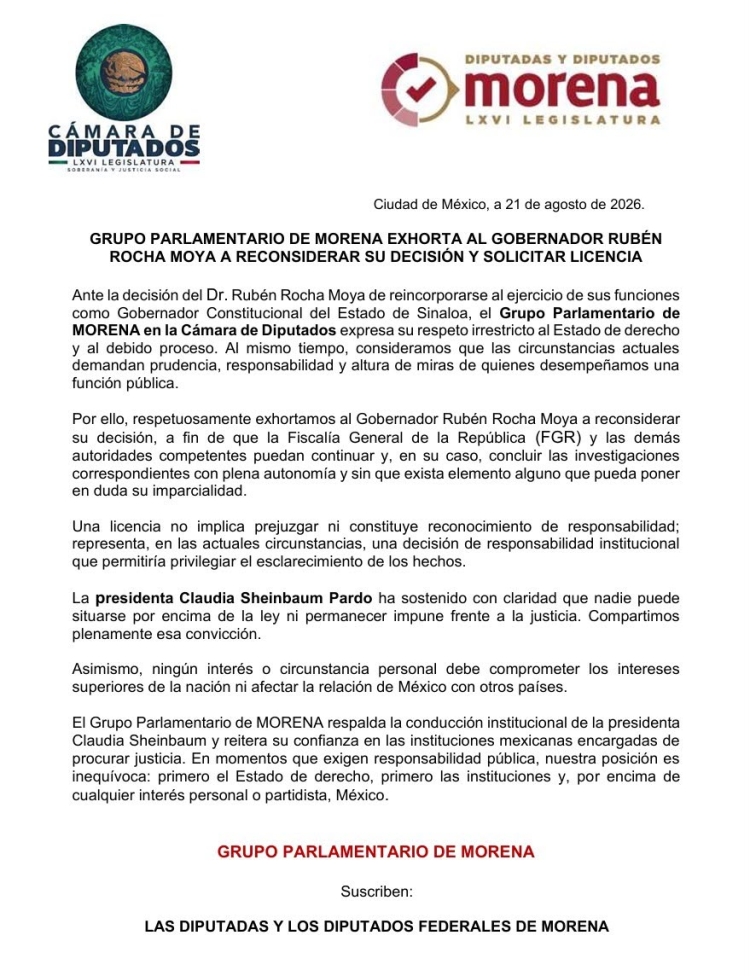 Bancada de diputados federales respalda a Sheinbaum y pide que FGR investigue sin presi&oacute;n a Rocha Moya