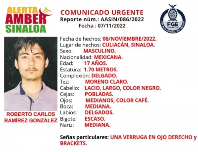 Se activ&oacute; el protocolo de la Alerta Amber por desaparici&oacute;n de Roberto Carlos, menor de 17 a&ntilde;os edad, en Culiac&aacute;n