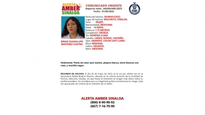 Activan Alerta Amber para la localizaci&oacute;n de Sinah&iacute; Guadalupe de 14 a&ntilde;os de edad que fue desaparecida en Mocorito