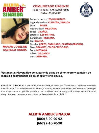 Desaparece jovencita Mariam Joseline en Culiac&aacute;n